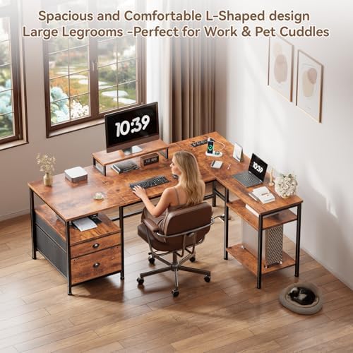 Furologee 50 Inch L Shaped Computer Desk with Power Outlet, Rustic Brown - Image 4