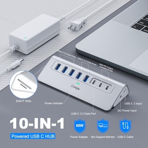 Powered USB Hub 10Gbps, intpw YH6AC Plus 10-Port USB 3.2 Hub (USB A/USB C 3.2+3 USB-A 3.0+2 PD 45W Fast Charging Ports+SD/TF Card Reader), 65W Power Adapter,Aluminum USB HUB for PC,Laptop,iPhone 17/16 - Image 2