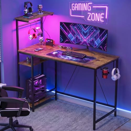 GTPLAYER 43" Gaming Desk with LED Lights, Reversible Shelves, Brown - Image 7