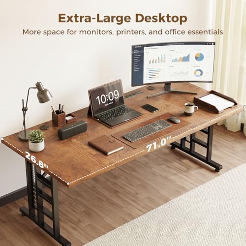 OffiGo 71 Inch Executive Computer Desk with Outlets, Rustic Brown - Image 4