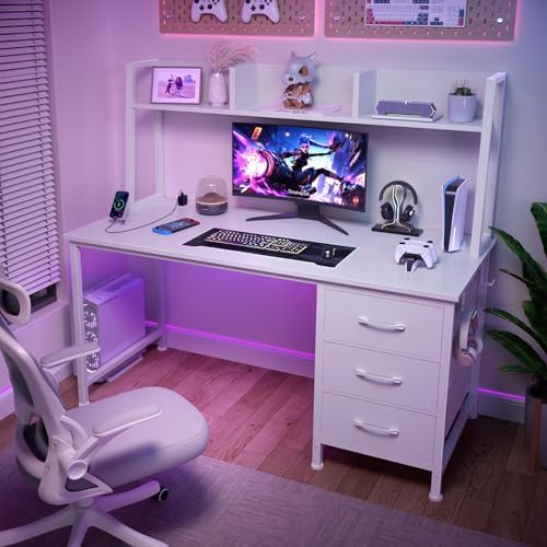DLisiting White Computer Desk with Hutch & Drawers - 47 Inch Modern Study Writing Office Desk with 3 Storage Drawers and Power Outlets for Bedroom Home Office - Image 4