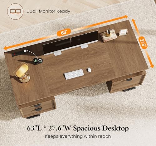 63" W x 27.6" D Executive Desk with 2 Cabinets & Power Outlet - Image 6