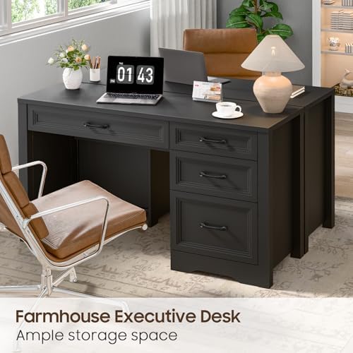 Vabches Farmhouse Executive Desk with Storage and Ample File Drawer, Rustic Large Home Writing Desk for Bedroom, Pure Black - Image 5