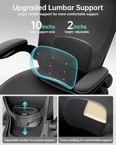 MUXX.STIL Office Chair, PU Leather Ergonomic Desk Chair with Adjustable Lumbar Support and Flip up Armrest, Breathable Mesh Computer Chair for Home Office, Black - Image 4