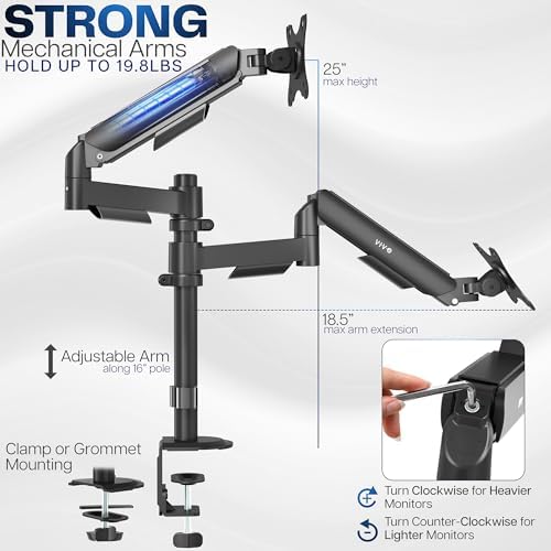 VIVO 17 to 32 inch Dual Mechanical Monitor Mount, 2 Tension Spring Arms, Adjustable Swivel, Rotation, Heavy Duty VESA Desk Stand with C-clamp, Grommet, Max VESA 100x100, Black, STAND-V002K - Image 3