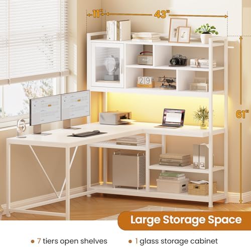 SEDETA L Shaped Computer Desk with Storage Shelves and Bookshelf, White - Image 2