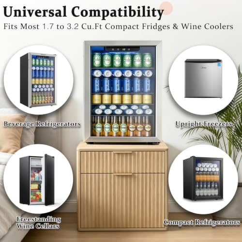 Mini Fridge Stand with Storage, Fluted Mini Fridge Cabinet with 2 Drawers, Wood Refrigerator Table Stand for College Dorm Room, Home Office & Bedroom, Light Oak, 22.4" W - Image 5