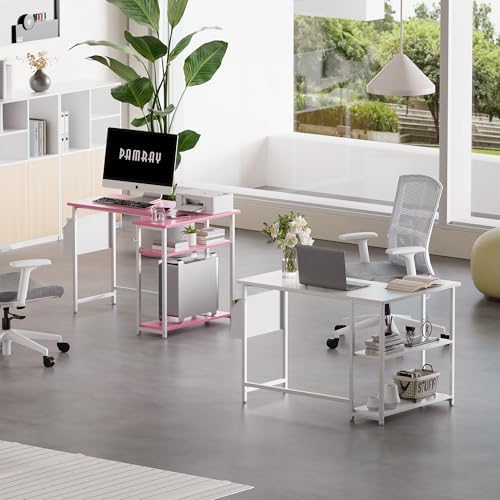 Pamray 40 Inch L Shaped Computer Desk with Reversible Side Storage Shelves, Small Corner Desk for Small Space Home Office, Writing Study Table PC Desk for Bedroom, Pink - Image 4