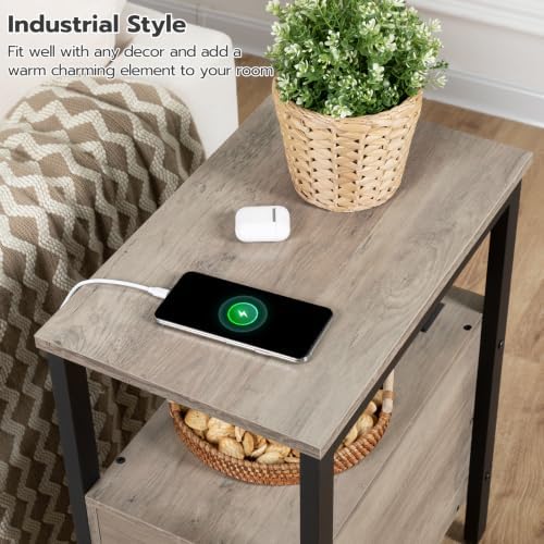 HOOBRO Set of 2 End Tables with Charging Station, Narrow Side Table with Drawers & USB Port & Power Outlets, Nightstand for Small Spaces, Living Room, Stable, Greige and Black BG541BZP201 - Image 6