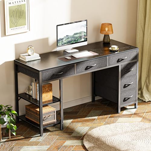 Huuger Computer Desk with 6 Drawers, Office Desk with Shelves, Reversible Gaming Desk, Corner Desk with Storage, Work for Home Office, Study, Living Room, 47inch, Black - Image 2
