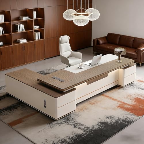 Modern L Shaped Executive Desk with Drawers & Storage, Executive Office Desk Computer Table with Aluminum Alloy Inlaid Curved Surface, Management Workstation for Home or Office(F-Right, L300CM/118IN) by Unknown