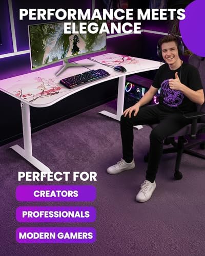 Arozzi Arena Special Edition Ultrawide Curved Gaming and Office Desk with Full Surface Water Resistant Desk Mat Custom Monitor Mount Cable Management Cut Outs - Sakura - Image 6