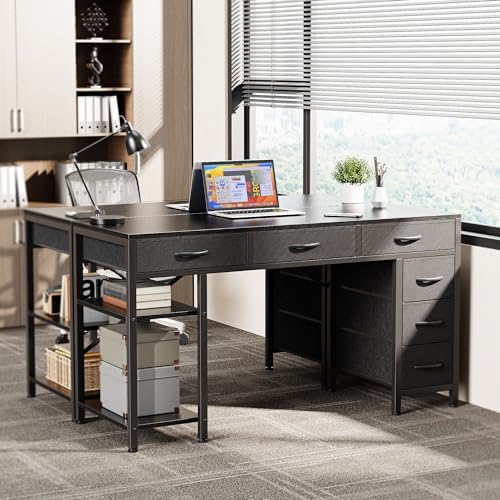 Huuger Computer Desk with 6 Drawers, Office Desk with Shelves, Reversible Gaming Desk, Corner Desk with Storage, Work for Home Office, Study, Living Room, 47inch, Black - Image 7