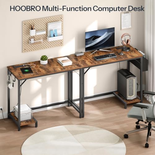 HOOBRO Small Gaming Desk, Computer Desk with Charging Station, Rustic Brown - Image 4