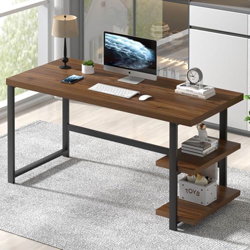 FOLUBAN Modern Computer Desk, Wood Home Office Desk, Study Writing Gaming Table Workstation with Storage Shelves for Living Room Bedroom, Rustic Walnut, 53 Inch by FOLUBAN