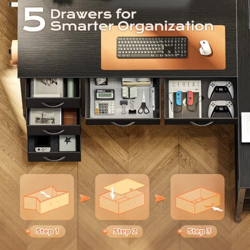 PRAISUN 47 Inch L Shaped Desk with Power Outlets, 5 Fabric Drawers - Image 5
