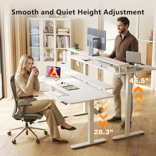 OffiGo 63 Inch U Shaped Electric Standing Desk with Keyboard Tray, White - Image 4