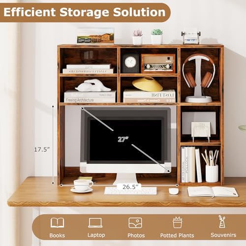 LDAILY Desktop Bookshelf, 37’’ Wood Desk Shelf with 7 Cubes & 3 Adjustable Shelves, 3-Tier Desk Display Rack, Desk Hutch for Dorm College Office Computer Monitor Up to 27’’ (Rustic Brown, 7 Shelves) - Image 2