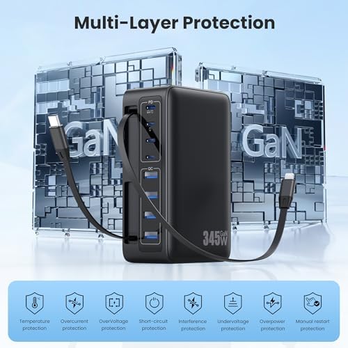 345W USB C Charger 10 in 1 Retractable Wall Charger with 2 Cables,GaN 6 USB C Charging Station Phone Charging PD Laptop Charger Adapter for MacBook Pro/Air,DELL,iPhone17/16/15,Galaxy S24,Android etc - Image 7