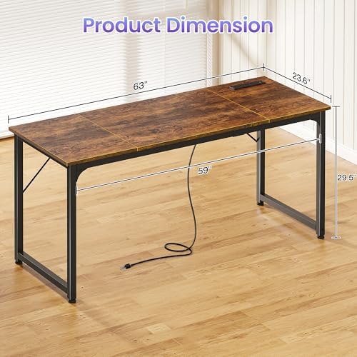 PRAISUN 63 X 24 Inch Computer Desk, Power Outlets, USB-C, Rustic Brown - Image 3