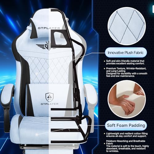 GTPLAYER Gaming Chair Fabric with Pocket Spring Cushion, High Back Ergonomic Computer Chair with Footrest for Adults Lumbar Support Swivel Game Chair for Office Gaming 350LBS, Light Blue - Image 4
