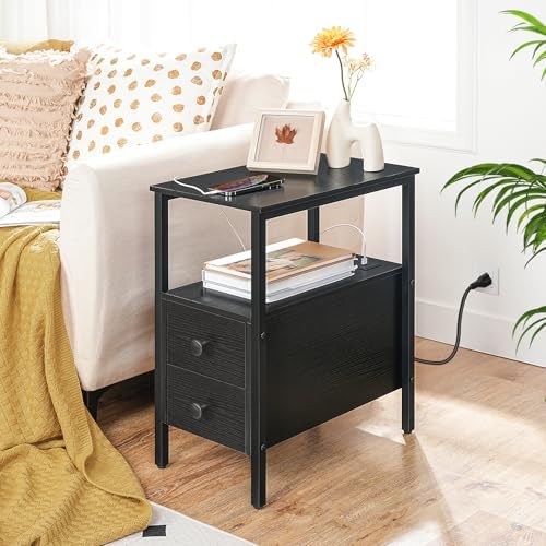 HOOBRO Set of 2 End Tables with Charging Station, Narrow Side Table with Drawers & USB Port & Power Outlets, Nightstand for Small Spaces, Living Room, Stable and Sturdy, Black BK541BZP201 - Image 4