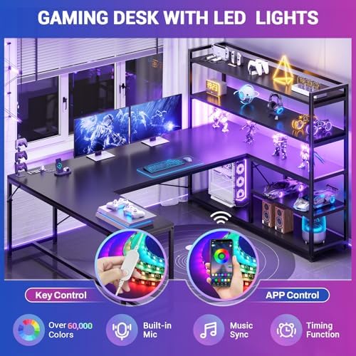 SEDETA L Shaped Gaming Desk, 63'' Reversible Computer Desk with Power Outlet and Storage Shelves, Corner Gaming Desk with LED Lights, Bookshelf for Home Office, Black - Image 4