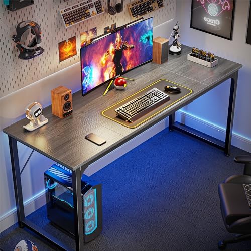 Huuger Computer Gaming Desk, 63 Inch Office Desk with Storage, Writing Work Surface for Home Office, Study, Modern Simple Style, Large Legroom, Metal Frame, Grey - Image 4