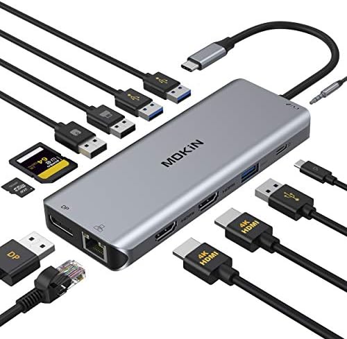 USB C Docking Station Dual Monitors 13 in 1 Triple Display USB C Hub for Windows with Dual HDMI 4K, DP, PD Charger, Gigabit Ethernet, 5 USB Ports, SD/TF Card Reader, Mic/Audio for Lenovo HP Dell XPS by MOKiN