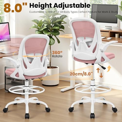 Primy Drafting Chair Tall Office Chair with Flip-up Armrests Executive Ergonomic Computer Standing Desk Chair with Lumbar Support and Adjustable Footrest Ring (Rose Quartz) - Image 6