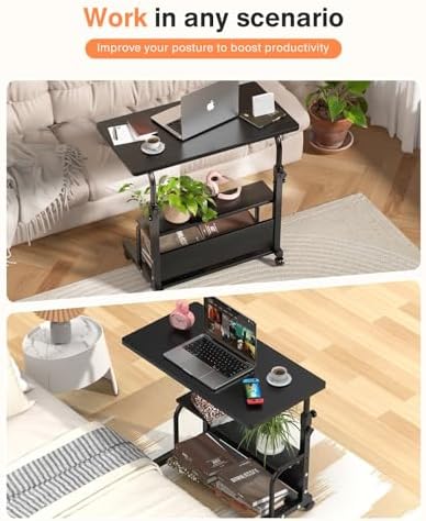 QZMDSM Portable Rolling Desk on Wheels Adjustable Height Desks for Small Spaces, 32" Computer Desk Drafting Tables with Storage Shelves for Home Office Black - Image 4