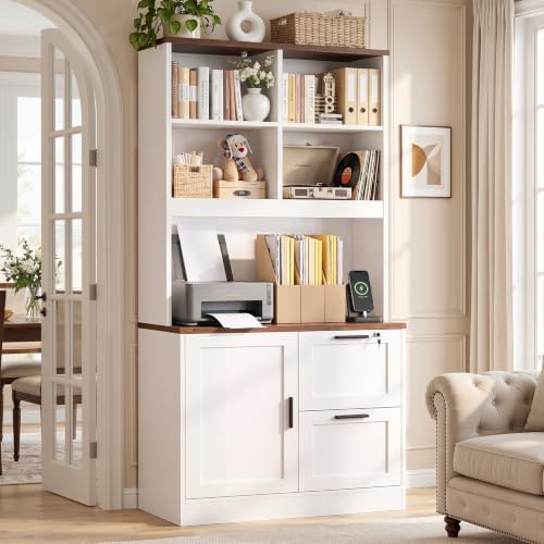 Vertical File Cabinet Bookcase with Printer Stand & Charging Station, White - Image 2