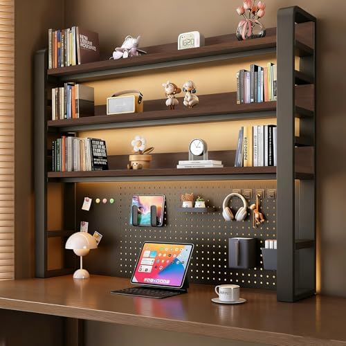Desk Shelf - Includes a Pegboard and a Free 31-Piece Storage Accessory Set, Desk Hutch, Adjustable Hutch for Home Office Dorm (4-Tier Black Frame + Walnut Board 45.3×9.8×48.5") by Unknown