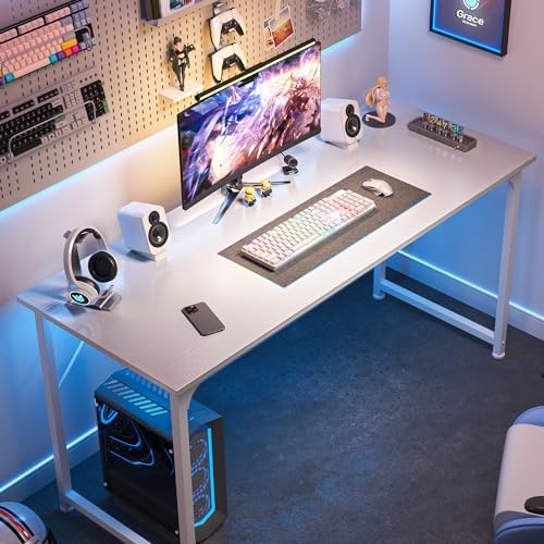 Huuger Computer Desk, 55 Inch Home Office Desk, Gaming Writing Work from Home Study Desk, Large Legroom, Sturdy Metal Frame, Modern Simple, White - Image 4