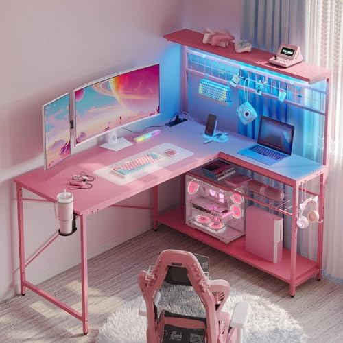 Bestier 51" L Gaming Desk with Power Outlets LED Lights, Carbon Fiber Pink by Bestier