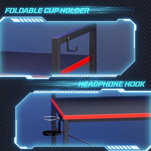 48'' Gaming Desk with Raised Monitor Shelf, LED Lights, Black&Red - Image 5