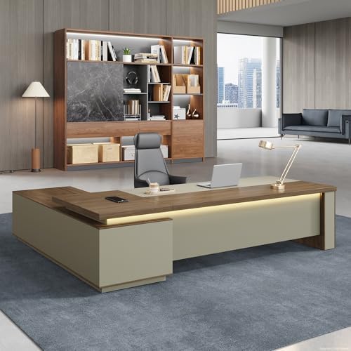 Compact Reversible L Shaped Executive Desk for Manager, Home Office Desk with Power Outlet & USB Ports, LED Ambient Lighting, Storage Cabinet (Black Walnut+Khaki, 95" L*71" W*30" H) by ZIMASYA-SmartOfficeSolution