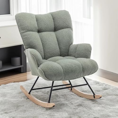 SAETSFEG Rocking Chair Nursery Teddy Upholstered Glider Rocker Rocking Accent Chair Padded Seat with High Backrest Armchair Comfy Side Chair for Living Room Bedroom Offices (Sage Green Teddy) by SAETSFEG