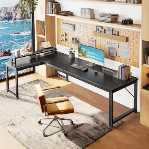 PRAISUN 61" L Shaped Computer Desk, Power Outlets, Monitor Stand, Black - Image 2