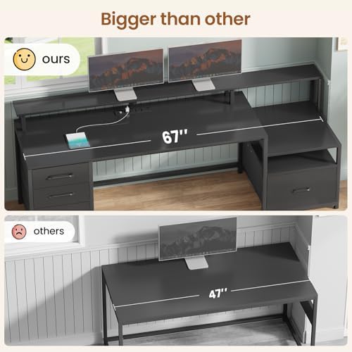 SEDETA Computer Desk with 5 Drawer, Power Outlet, Led Lights, Black - Image 5