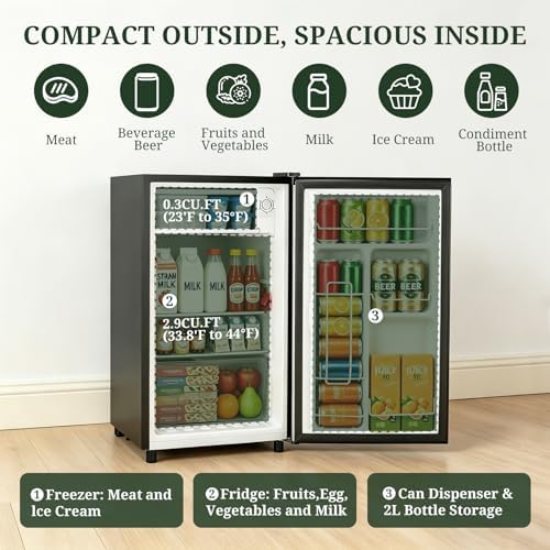 Mini Fridge with Freezer, 3.2 Cu.Ft Compact Single Door Refrigerator with Adjustable Thermostat, Low Noise & Energy Efficient (0.41kWh/Day), Small Fridge for Bedroom, Dorm, Office, Apartment (Silver) - Image 3