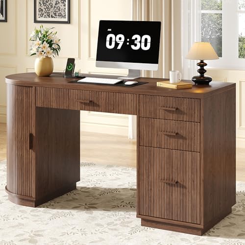 ONBRILL 58 Inch Fluted Executive Desk with File Drawer, Walnut by ONBRILL