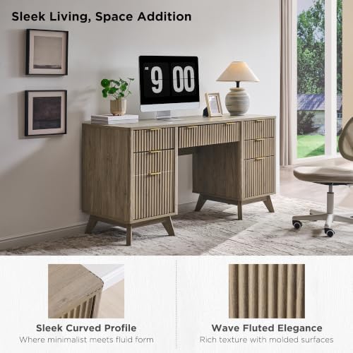 T4TREAM 60" Modern Fluted Executive Desk with Drawers, Alder Grey - Image 3
