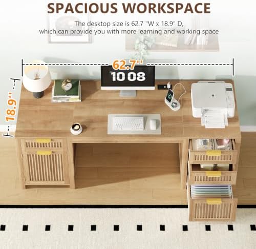 62" Fluted Computer Desk with 4 Drawers & Storage Cabinet for Home Office - Image 4