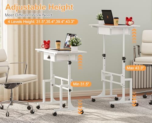 Cidaziya Adjustable Height Standing Desk for Walking Pad Treadmill, Portable Rolling Desk for Laptop with Drawer, Small Moblie Sit to Stand Desk On Wheels with Stiffener for Home Office Dorm Bedroom - Image 2