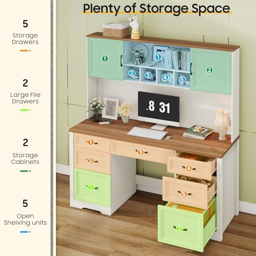 Vabches Farmhouse Executive Desk with 7 Drawers and Storage Cabinet, Rustic Large Home Writing Desk with Hutch, Workstation for Bedroom, White - Image 4