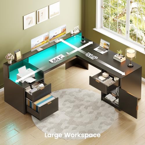 SEDETA 66" Modern L Shaped Desk with Drawers, Fluted Home Office Desk with File Cabinet & Printer Shelf, Wood Executive Desk with Monitor Stand, Power Outlets, Led Lights, Black - Image 3