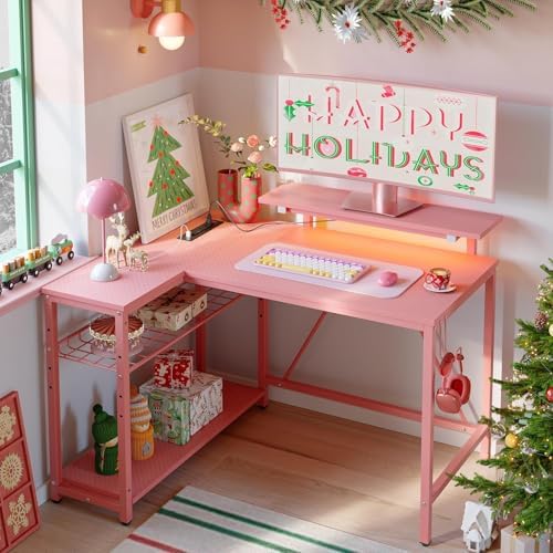 Bestier 42-Inch Pink L-Shaped Gaming Desk with Charging & LED - Image 5