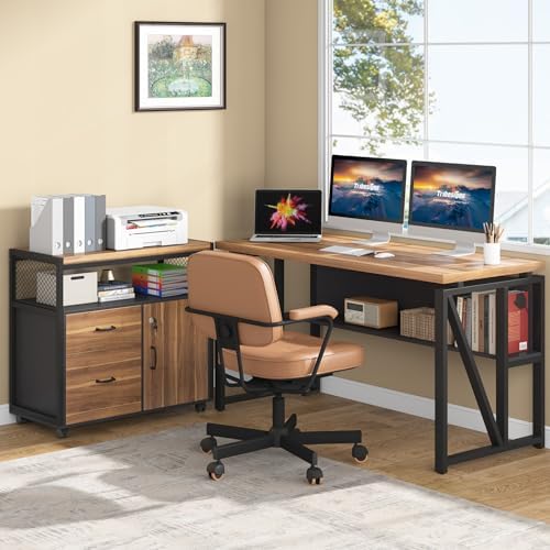 Tribesigns 55" Executive Desk with Reversible File Cabinet, Large L-Shaped Office Desk with Drawers, Business Furniture Workstation for Home Office (Dark Walnut, 55-inch) - Image 4