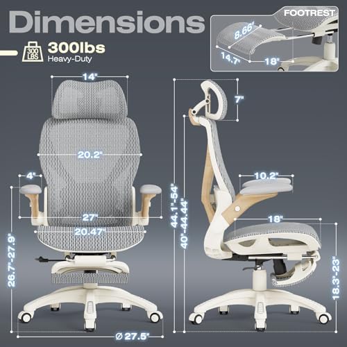 ELABEST X100 Ergonomic Mesh Office Chair with Footrest, Big and Tall Home Desk Chair with 5D Flip-Up Arms, Adjustable 3D Lumbar Support, Gaming & Executive Computer Chair (Foggy Morning) - Image 2